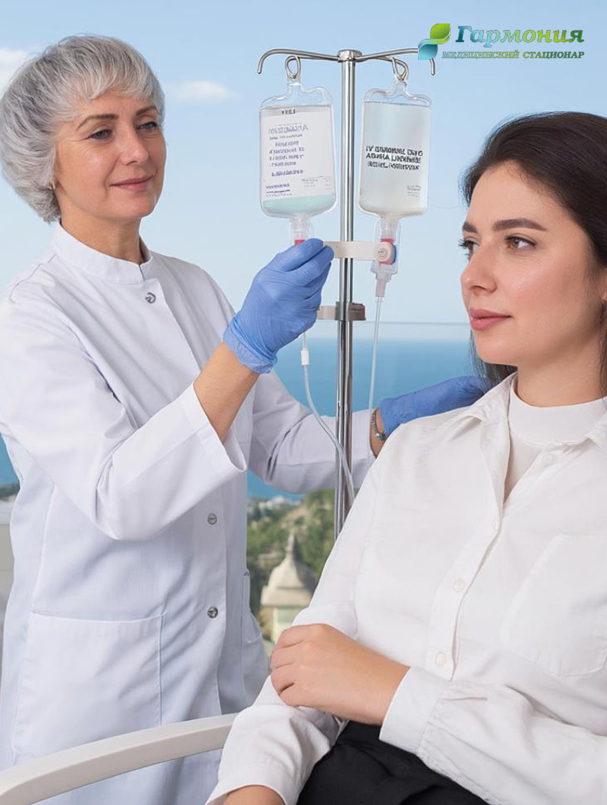 Врач и пациент с капельницей на фоне берега Очамчиры