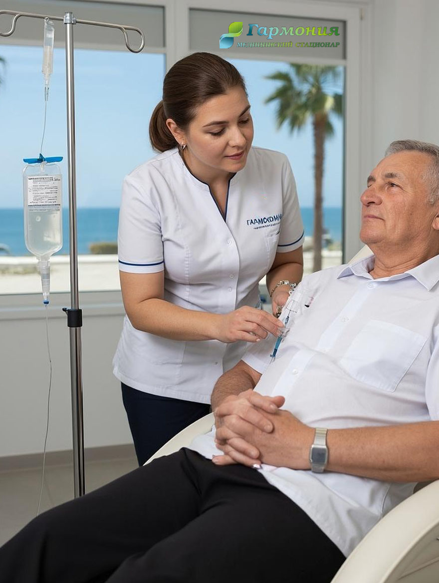 Врач и пациент с капельницей на фоне берега Очамчиры