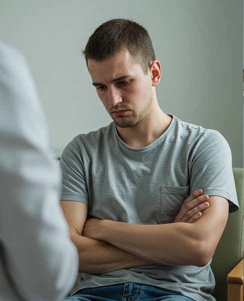 Мужчина грустно смотрит вниз