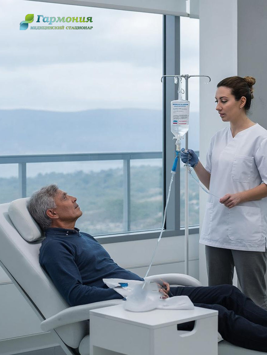 Врач и пациент с капельницей на фоне берега Очамчиры