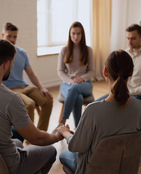 Пациенты сидят в кругу и держатся за руки